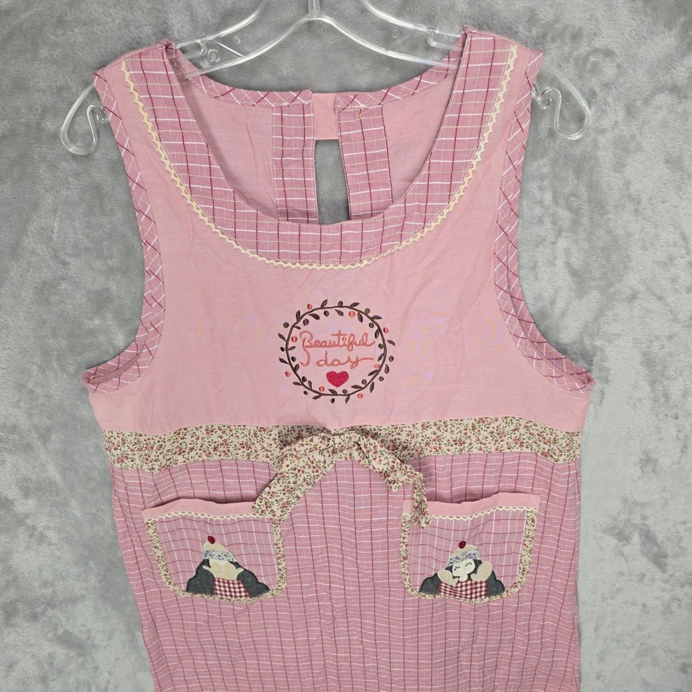 KC Trading Co Apron Women One Size Pink Gingham Embroidered Beautiful Day Kawaii - Picture 14 of 16